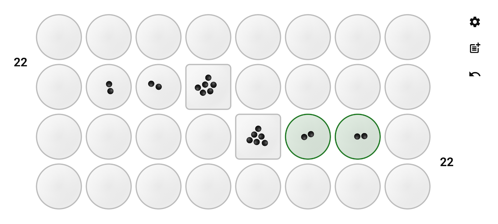 A Kiswahili namua opening: most pits are empty, both nyumba pits are visible mid-board, each player still holds 22 seeds in hand, and a candidate move is highlighted in green.