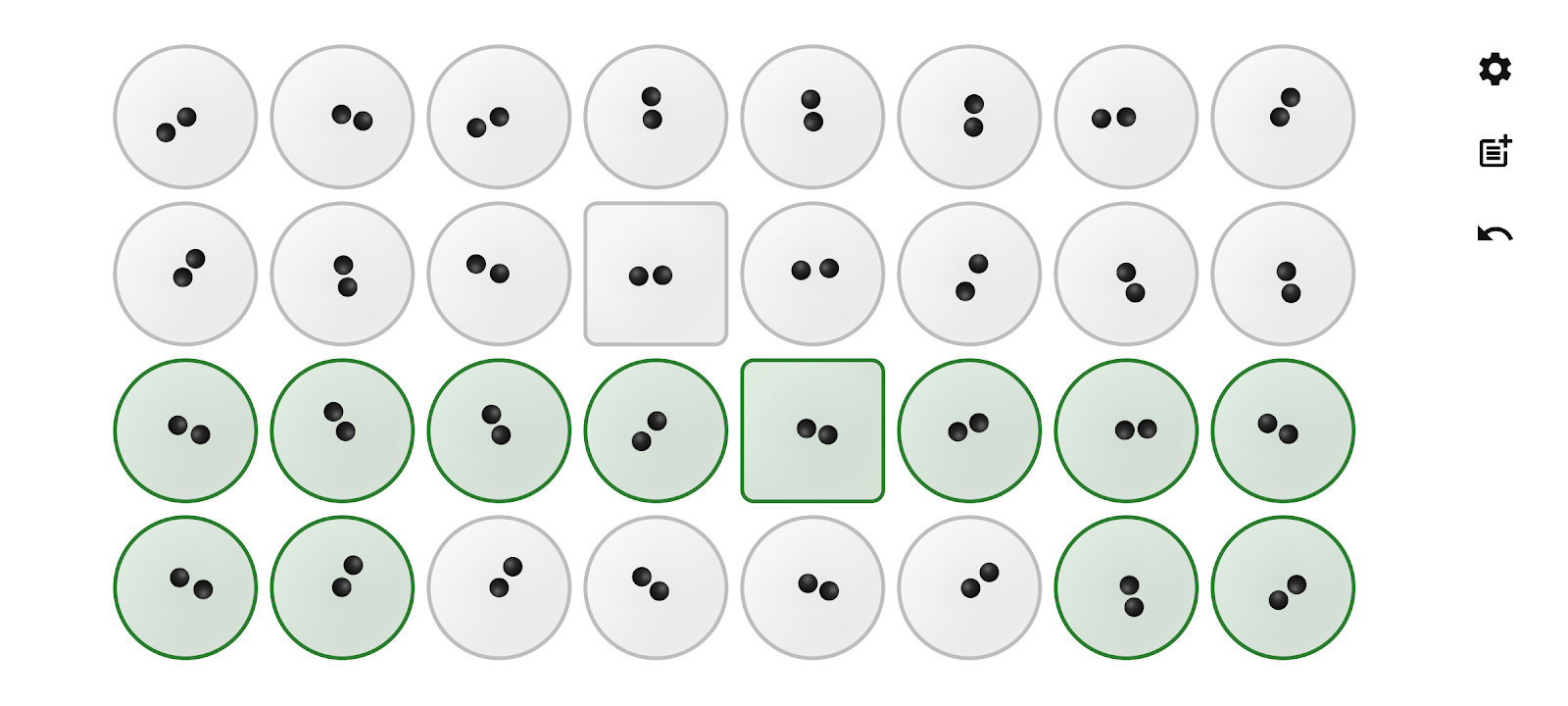 A Kujifunza starting position: every pit on the 4×8 board holds two seeds; the bottom player's side is highlighted in green to show their turn.