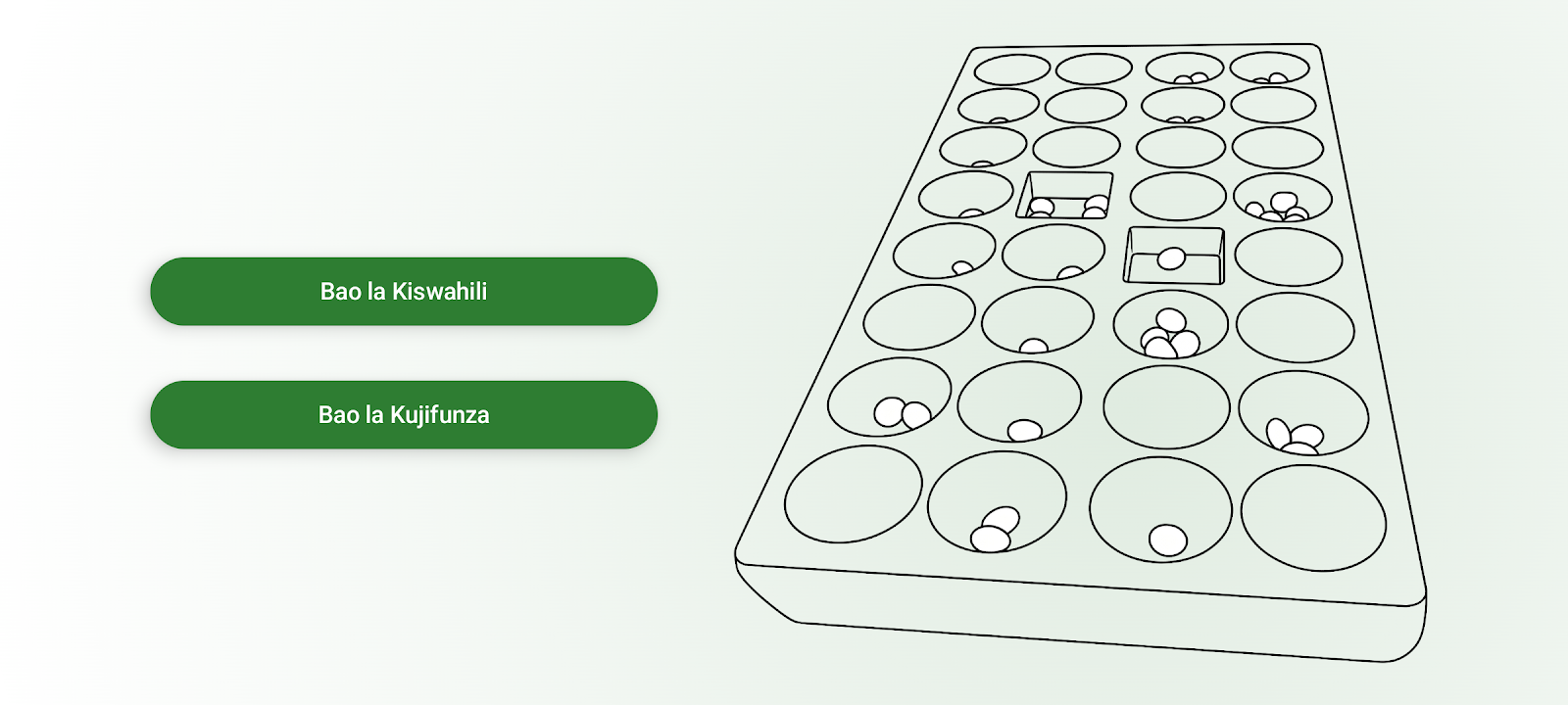 The Bao app's main menu, with buttons for Bao la Kiswahili and Bao la Kujifunza beside an isometric drawing of a wooden Bao board.